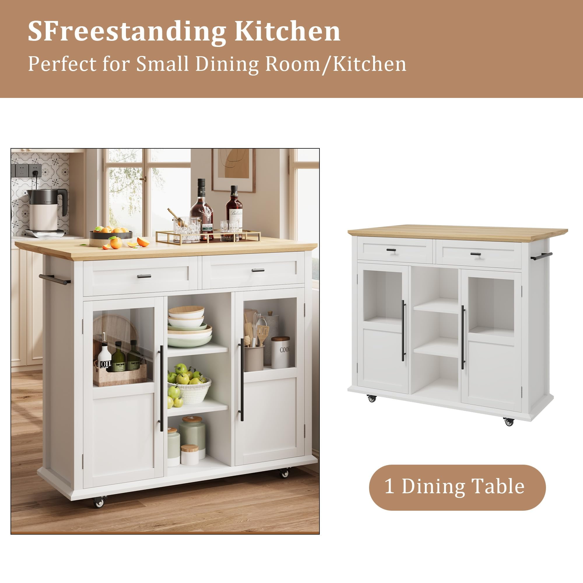 Ataucjin Foldable Kitchen Island On Wheels,Rolling Kitchen Island Cart with 2 Glass Doors,Spice Rack & Towel Holder,Kitchen Island Table with Storage Cabinet,Compact Mobile Storage Cart for Kitchen