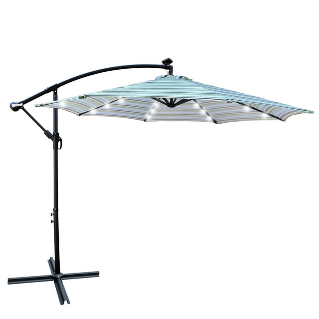 Branax Patio Umbrella, 10 FT Offset Patio Umbrella with Base Included, Outdoor Patio Umbrella with Solar Lights, Crank, Push Button Tilt, Large Patio Umbrella for Garden (Blue Striped)