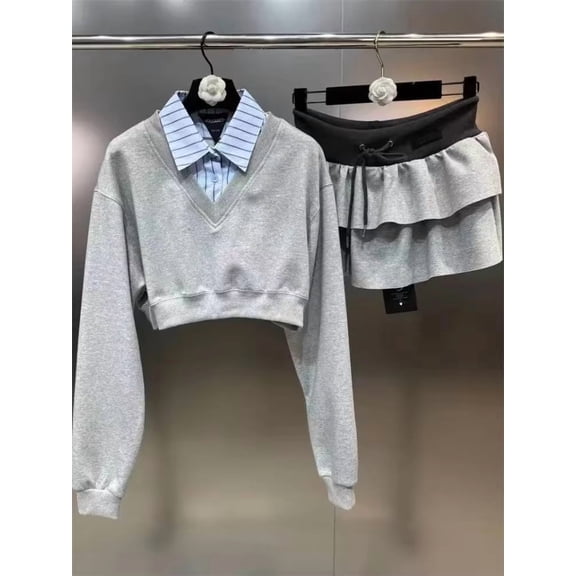 Autumn Y2k Vintage Two Piece Set Women Slim Casual Retro Cake Mini Skirt Suit Female Fashion Skirt Set New