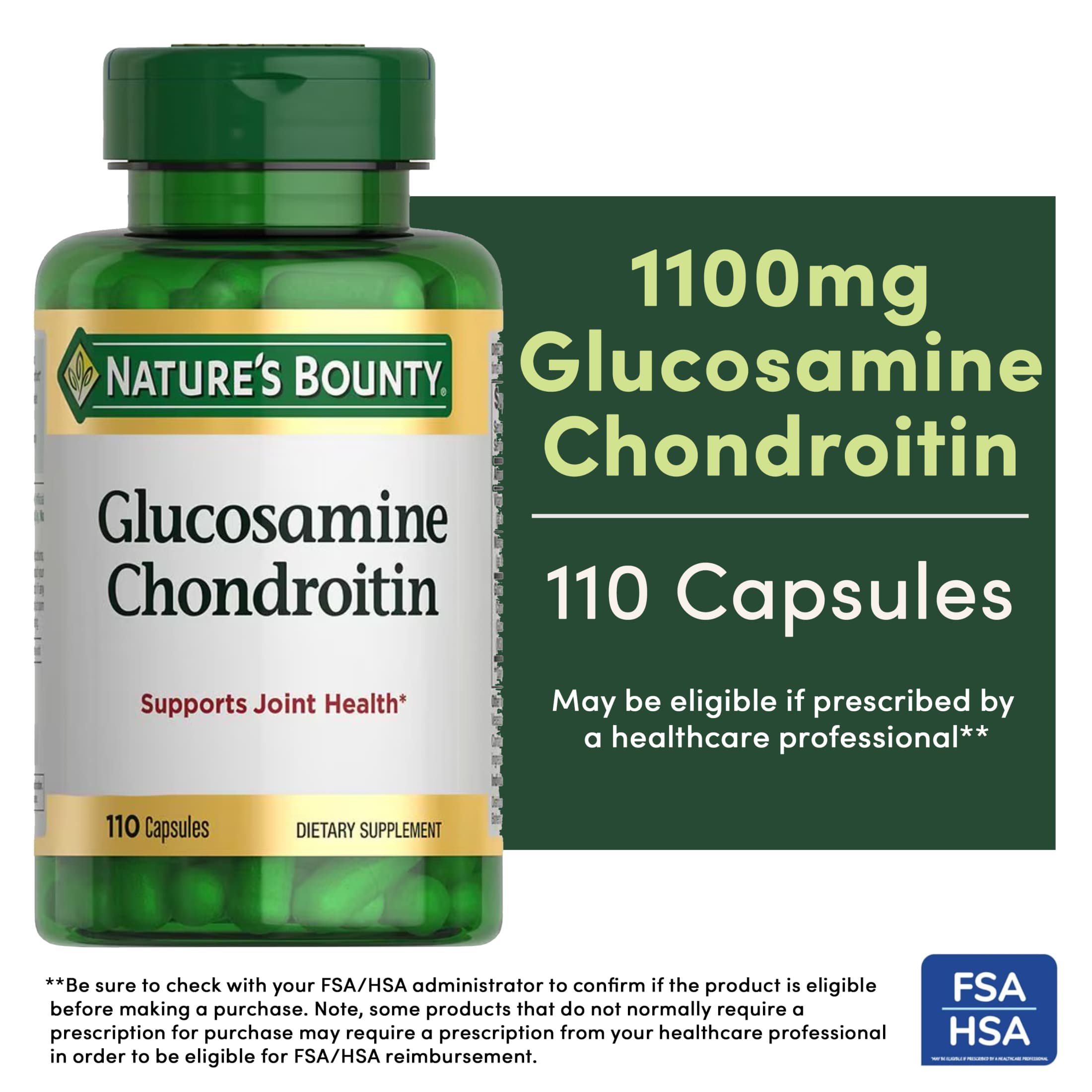Nature's Bounty Glucosamine Chondroitin, Joint Health & Cartilage Support Supplement, 110 Capsules
