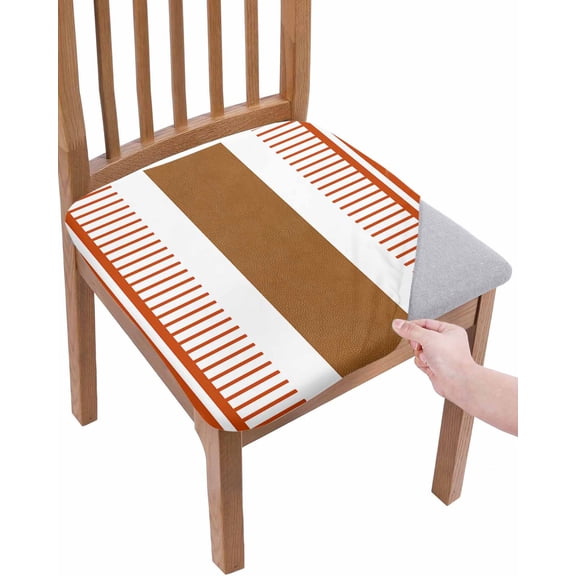 Burnt Orange Farmhouse Chair Seat Covers for Dining Room Stretch Chair Seat Covers Set of 4, Orange Brown Striped Chair Seat Protector Cushion Slipcovers for Kitchen Restaurant Office