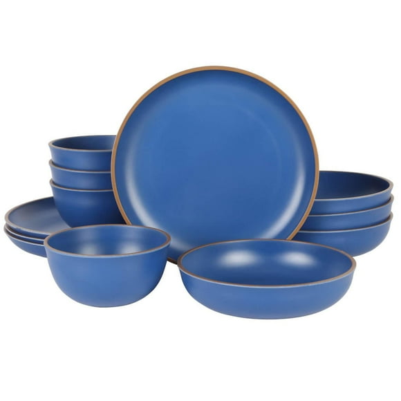 Gibson Home Rockabye 12 Piece Double Bowl Melamine Dinnerware Set, Matte Blue