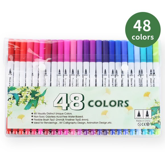 48 Packs Dual Tip Colored Pens Brush and Fine Tip Pens Double Head Ended Colorful Drawing Pens Art Pens Felt Tip Coloring Writing Painting Lettering Markers (48 Assorted Colors)
