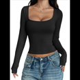 thumbnail image 1 of Camisas de Larga para Mujer, Tops Cortos, Cuello Cuadrado, Camisetas Básicas para Salir, Ropa de Invierno Y2K 2025 Negro XL, 1 of 7