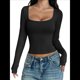 thumbnail image 1 of Camisas de Larga para Mujer, Tops Cortos, Cuello Cuadrado, Camisetas Básicas para Salir, Ropa de Invierno Y2K 2025 Negro XL, 1 of 7