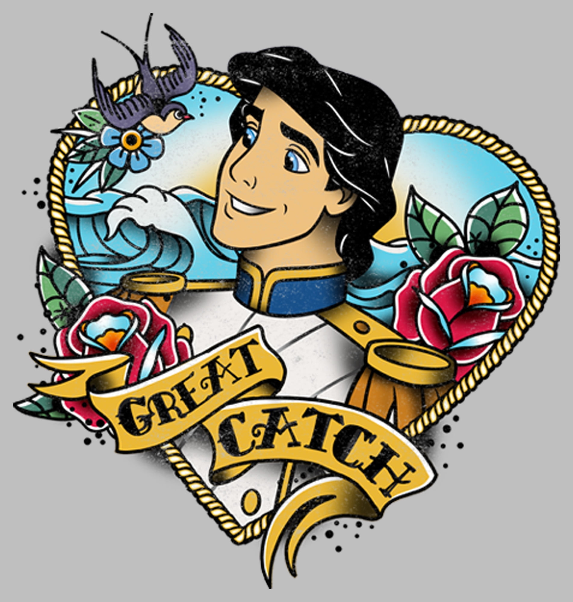 Women's The Little Mermaid Prince Eric Great Catch Tattoo Graphic Tee Athletic Heather Large Women's The Little Mermaid Prince Eric Great Catch Tattoo Graphic Tee Athletic Heather Large