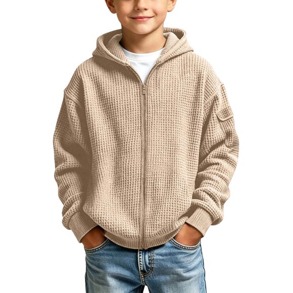SERTGUTR Kids Waffle Knit Hoodie Full Zipper Long Sleeve Sleeve Pocket Design Solid Color Warm Casual Everyday School Fall Winter Sweatshirt