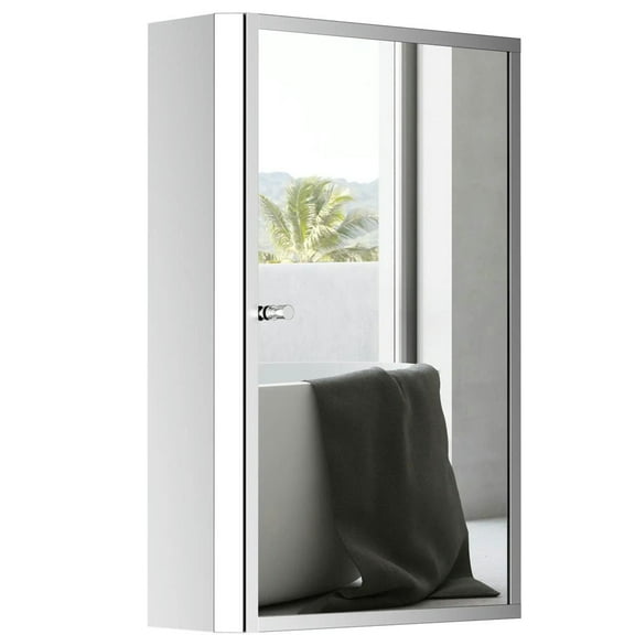 Spaco Bathroom Mirrored Cabinet, Vertical 16" x 24" Stainless Steel Frame Medicine Cabinet, Wall-Mounted Storage Organizer with Single Door for Indoor​, Silver