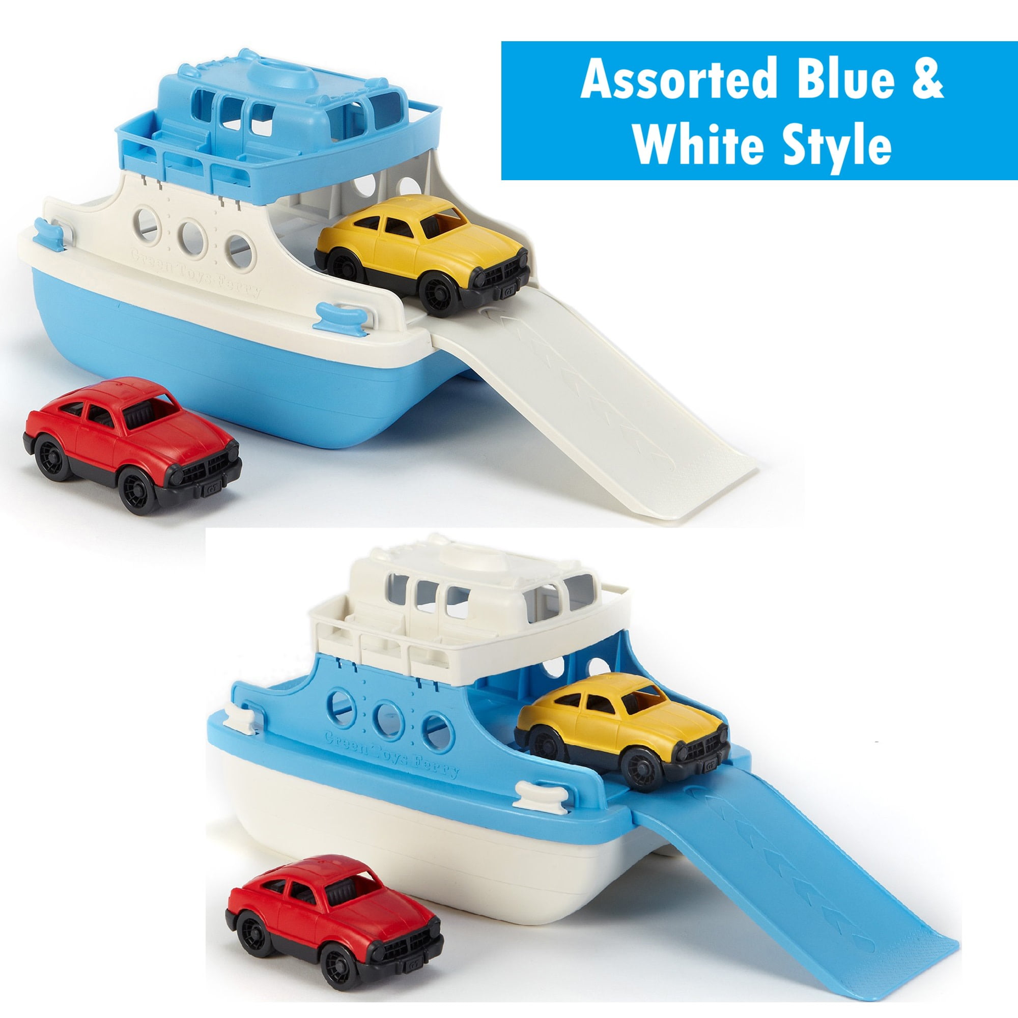 Green Toys: Ferry Boat - Blue & White - Floating Toy Vehicle & 2 Mini Cars, Water & Bathtub Play, Loading Ramp, In/Outdoor, Recycled Material, Kids 3+