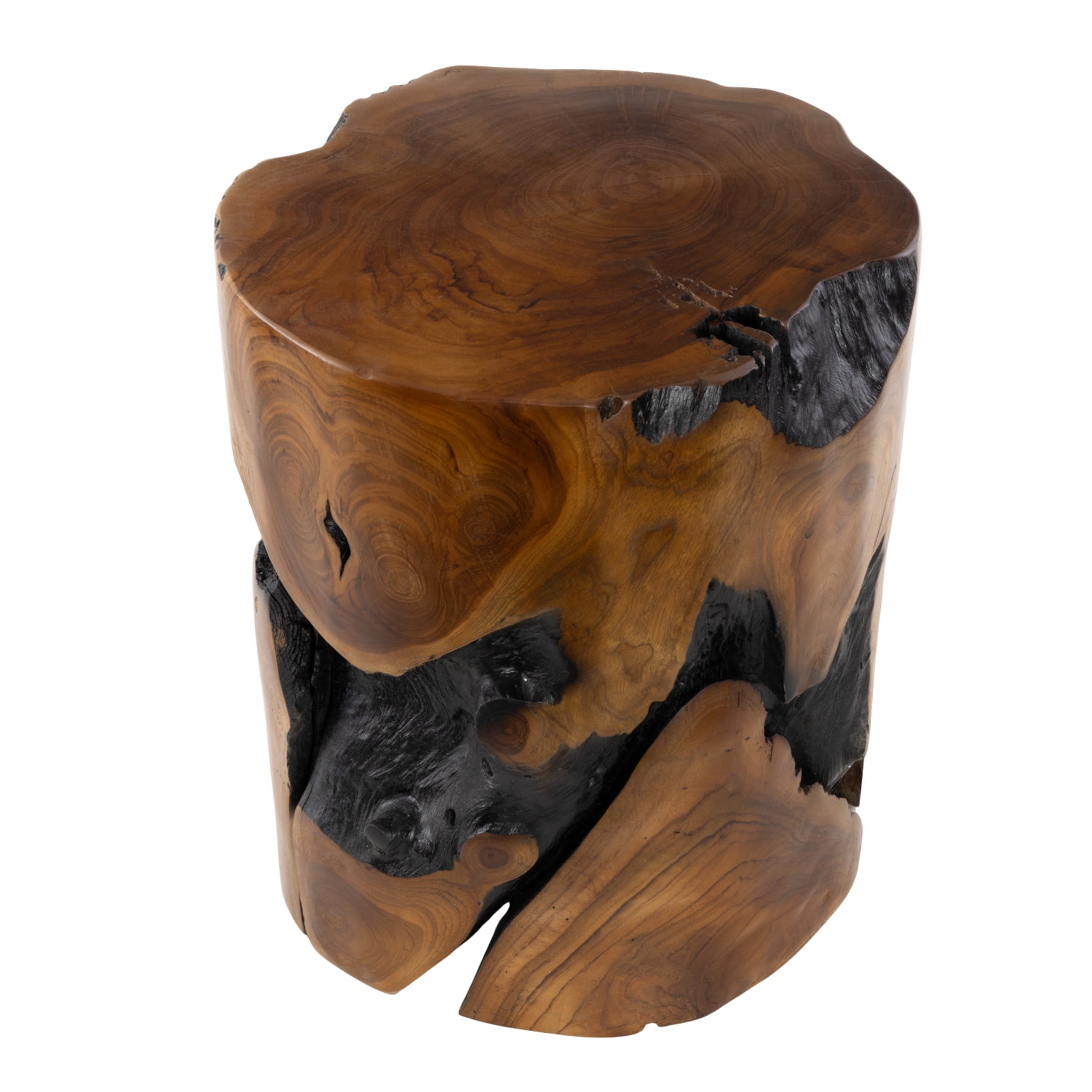 DecMode Teak Wood Handmade Live Edge Stump Stool with Charred Detailing, Brown