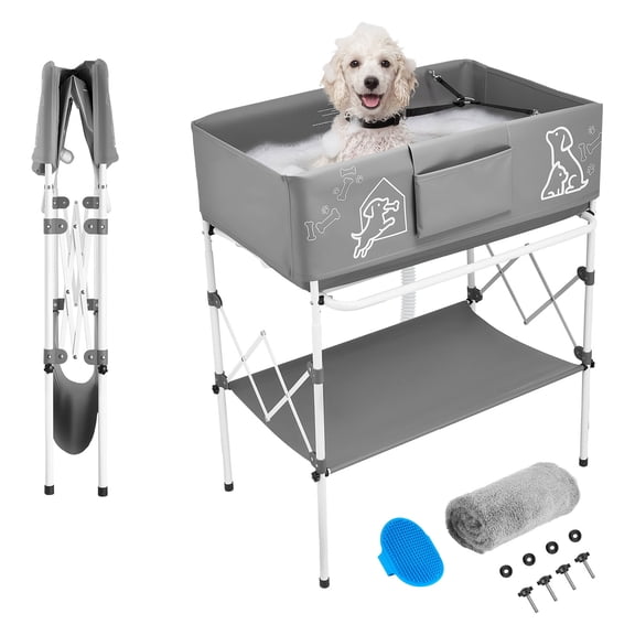 KFFKFF Elevated Dog Bath Tub, Foldable Pet Grooming Wash Station, Portable and Space-Saving Design with Built-In Drain Hose for Small to Medium Pets, Suitable for Indoor and Outdoor Use, Gray