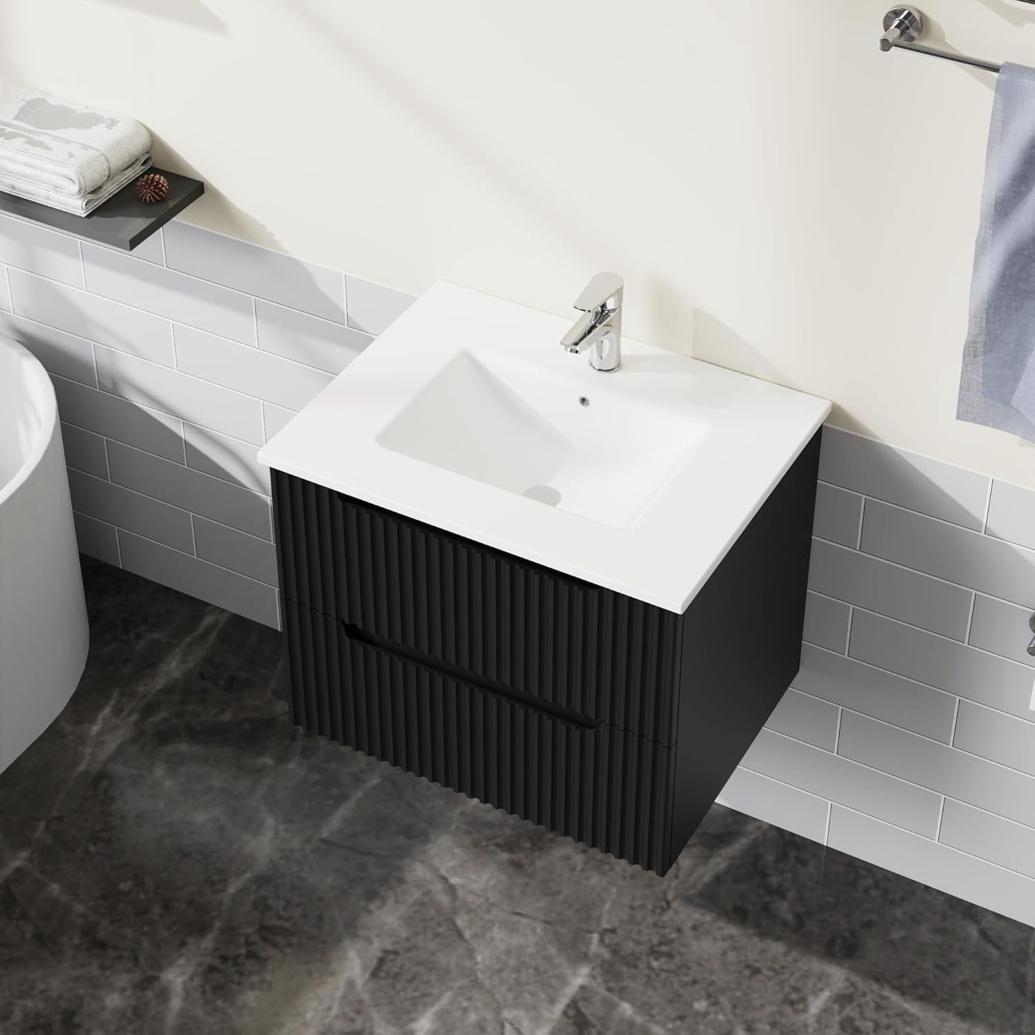 Goodyo 24" Wall Mounted Bathroom Vanity with Sink Floating Bathroom Cabinet Sink Combo, Soft-Close System, 2 Extra Big Drawers, Black