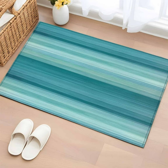 Teal Turquoise Aqua Ombre Bathroom Rug Washable 2x3 Entryway Rug Non Slip Contemporary Abstract Lines Front Door Mat Low Pile Indoor Doormat Throw Floor Carpet for Kitchen Bedroom Entrance