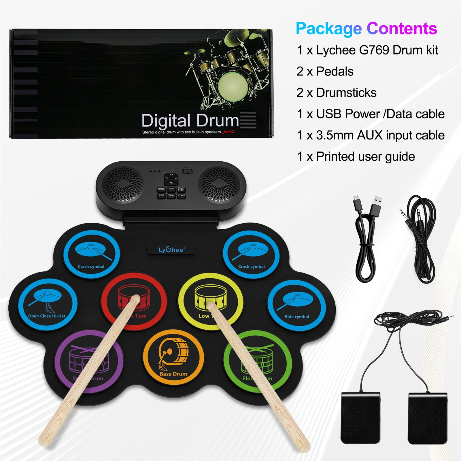 Lychee Electronic Drum Set with Headphone Jack, 9 Stereo Roll-up Drum Practice Pad, Built-in Speaker Drum Pedals Sticks Support External Connection, Great Holiday Xmas Birthday Gift for Kids