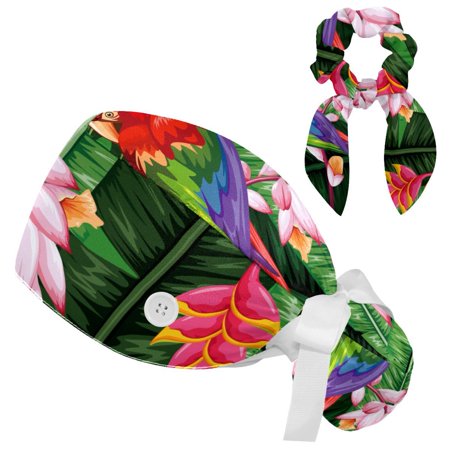 

Working Cap with Buttons and Sweatband Scrub Hat Bouffant Caps with Scrunchie Parrot Tie Back Hats