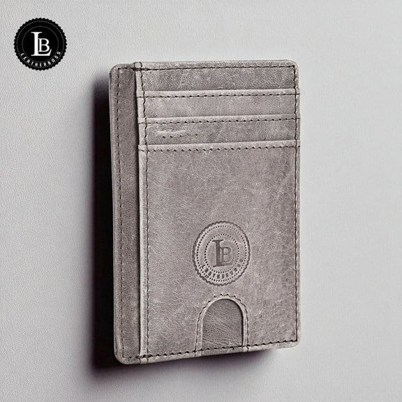 Leatherboss Genuine Leather Slim Wallet for Men & Women | Card Holder with Cash Compartment, ID Window & RFID Blocking – Grey