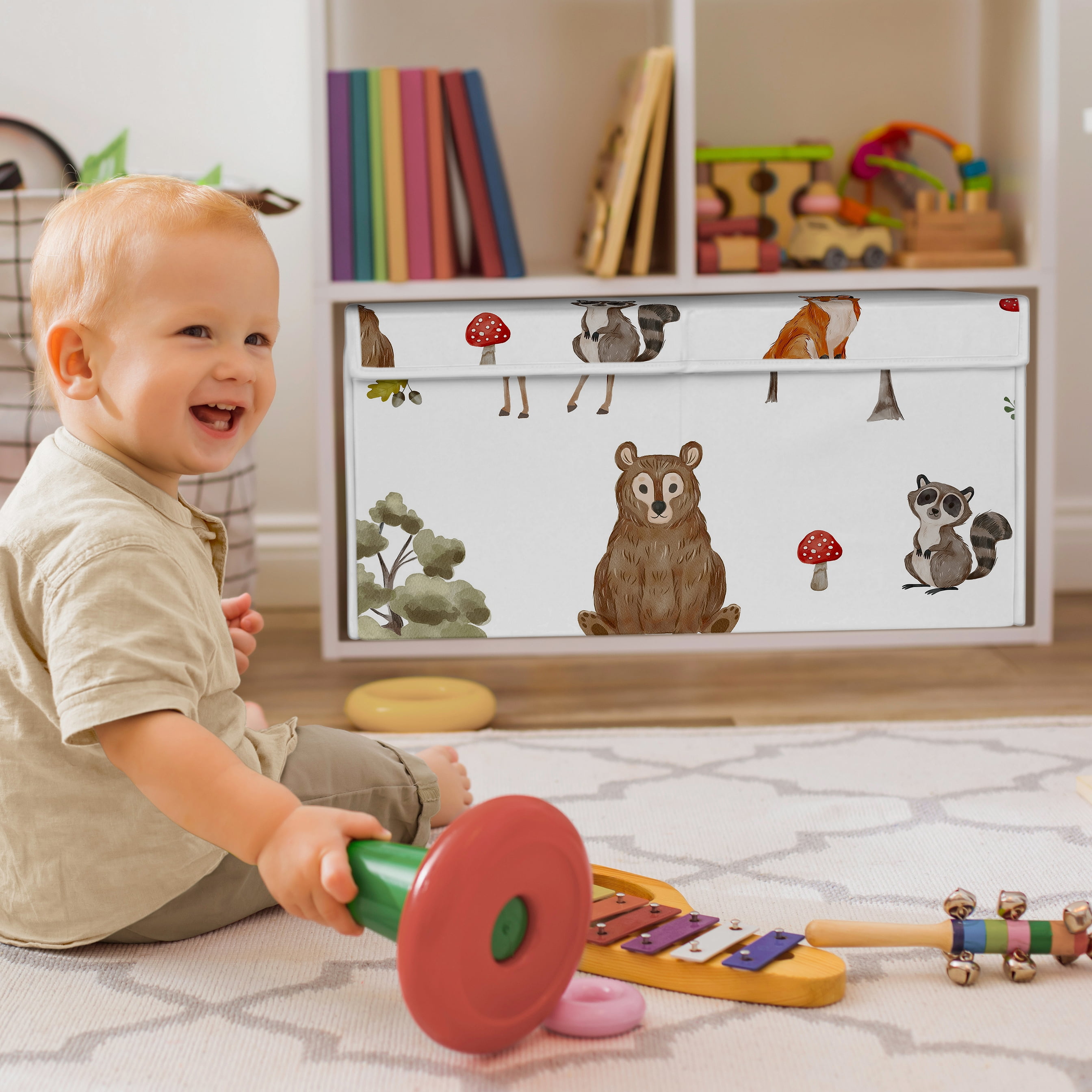 Sweet Jojo Designs Watercolor Woodland Forest Animals Boy Girl Gender Neutral Unisex Storage Fabric Toy Box