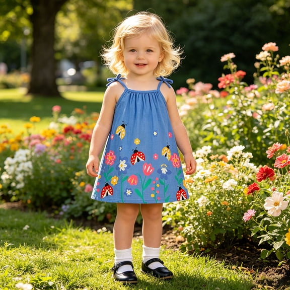 Girl Dresses Sleeveless Cartoon Ladybug Print Suspenders Dress Girls Dress Blue 9-12 Months