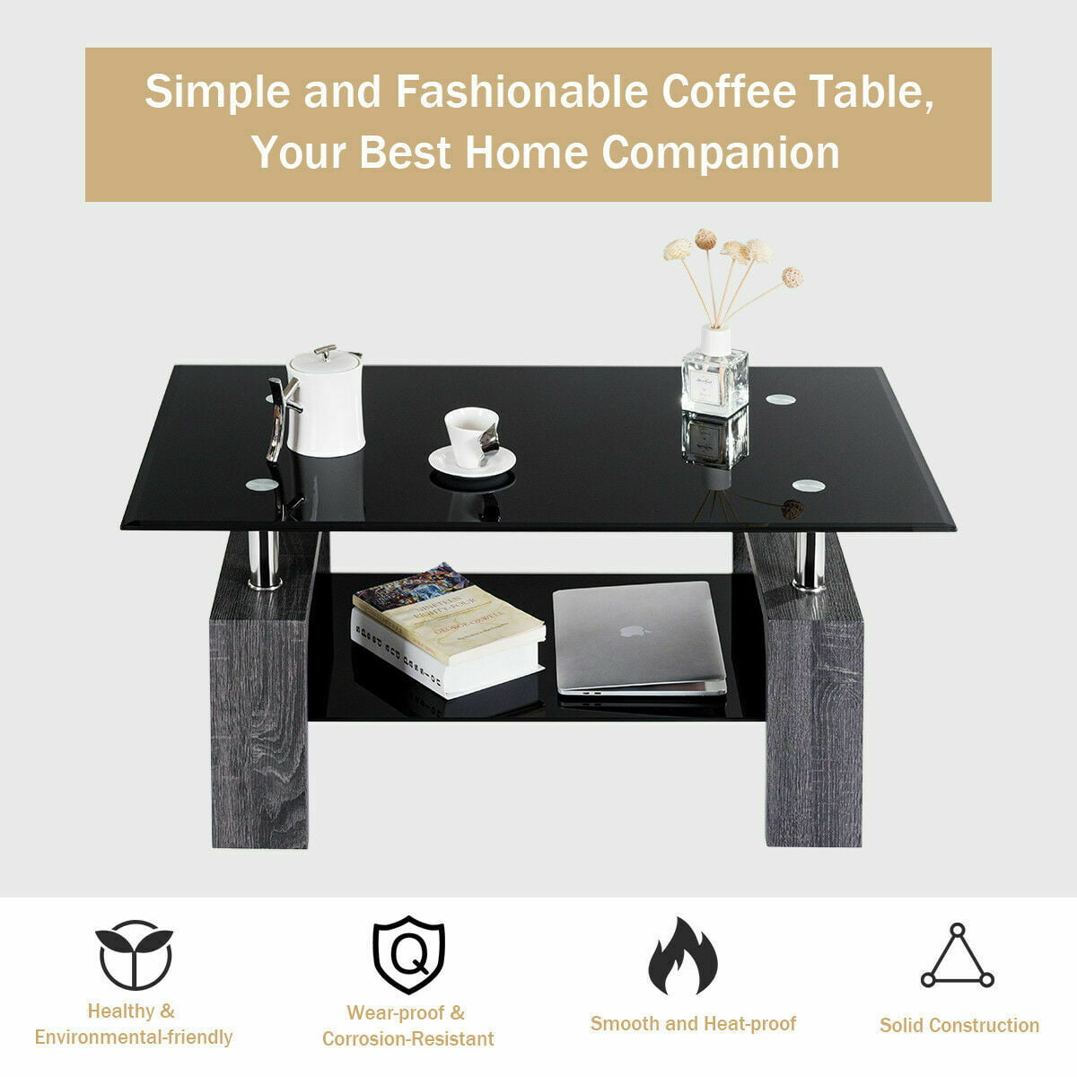 Modern Living Room Table with Lower Shelf Black Tempered Glass Top with Black Color Wooden Legs,Living Room Furniture,Waiting Area Table Living Room Rectangle Glass Coffee Table