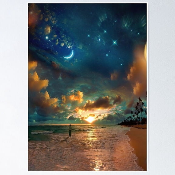 Poster Beach By Starlight - Graphics Beach Art - No Framed, Vintage Wall Art, Trendy Retro Print, Positive Quote Poster, Room Decor, Wall Art, Poster Only