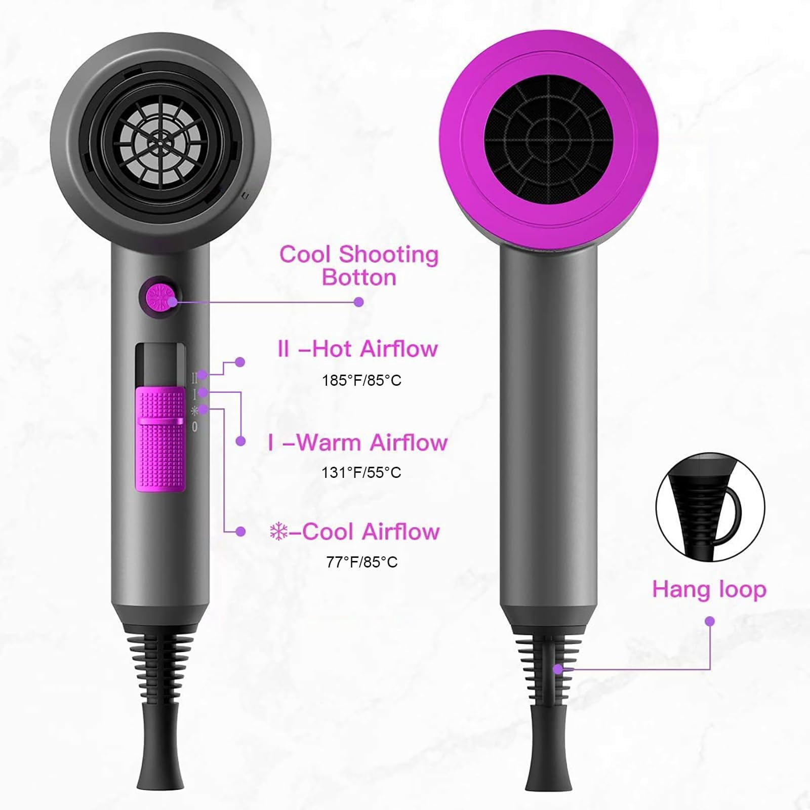 Professional Ionic Hair Dryer, Powerful 1800W Fast Drying Low Noise Blow Dryer with 2 Concentrator Nozzle 1 Diffuser Attachments for Home Salon Travel