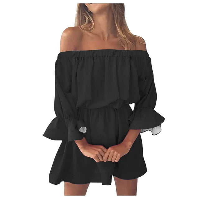 Mini vestido vintage con estampado, hombros descubiertos y mangas acampanadas para mujer: vestido informal y holgado de verano para la playa con diseño floral, tejido de poliéster