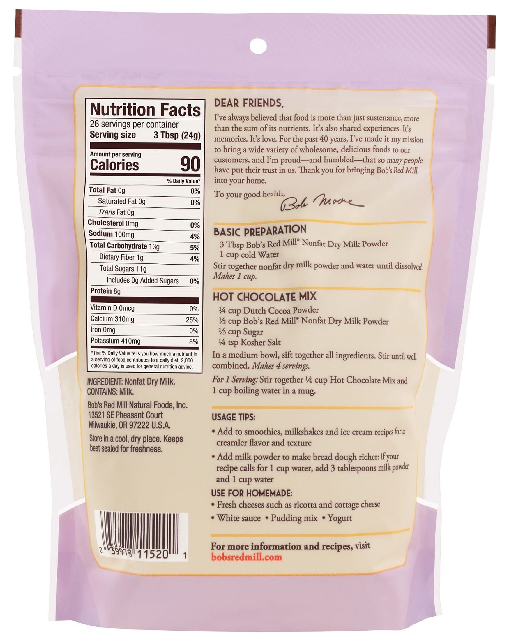 (4 Pack)Bob's Red Mill - Milk Powder Non Fat Dry, 22 oz.