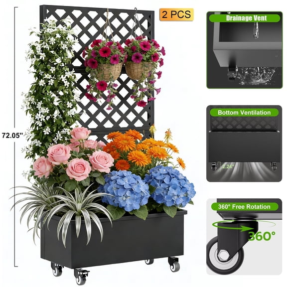 72" Raised Garden Bed with Trellis and Wheels, 300lb Capacity Metal Planter Box for Climbing Plants, Flowers & Vegetables, Mobile Outdoor Privacy Screen for Patio, Backyard & Balcony, Black, 2PCS