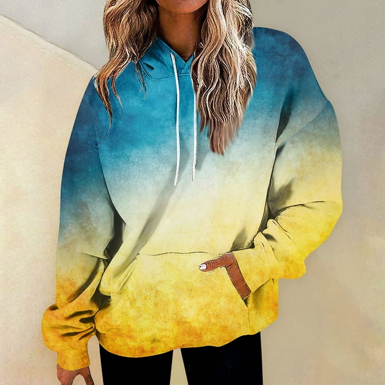 YDKZYMD Womens Wool Hoodie with Pockets Tie Dye Womens Long Sleeve Crew  Neck Sweatshirts Oversized Drawstring Pullover Clothes for Women Yellow 3XL  