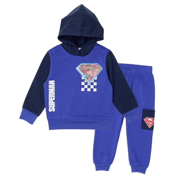 DC Comics Superman Toddler Boys’ Outfit Set - Two Piece Hoodie Sweatshirt with Holographic Patch & Cargo Jogger Pants (Blue, 7)