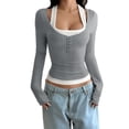 thumbnail image 2 of Lumistal Women's Long Sleeve Shirts Low Cut Slim Fit T Shirts Y2K Going Out Tops for Women Cropped Top Basic T-Shirt Tee Streetwear Daily Wear Grey M, 2 of 6