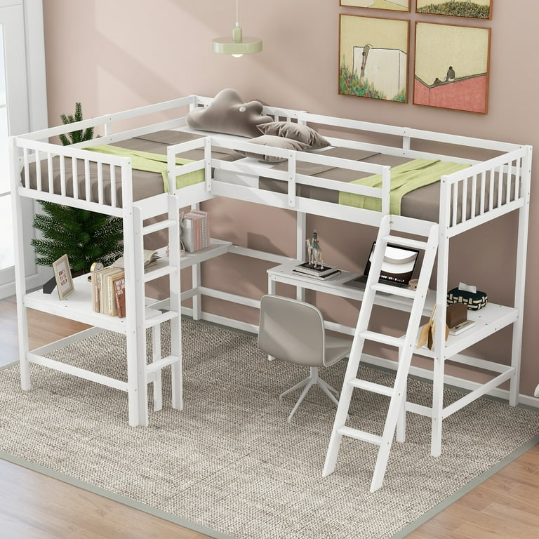 Euroco Twin Size L-Shaped Wood Loft Bed with Built-in Desk, Kids