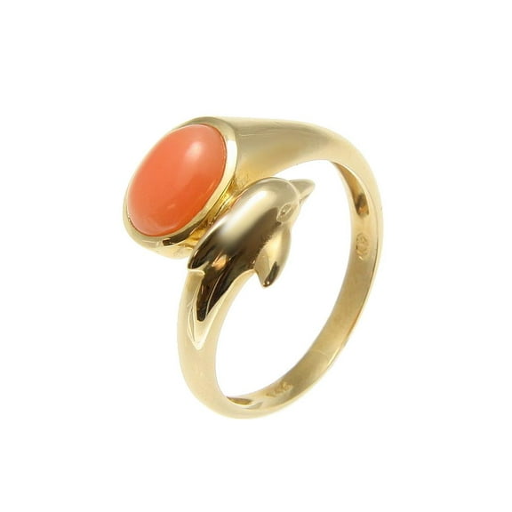 Genuine natural pink coral ring set in solid 14k yellow gold Hawaiian dolphin size 7.5
