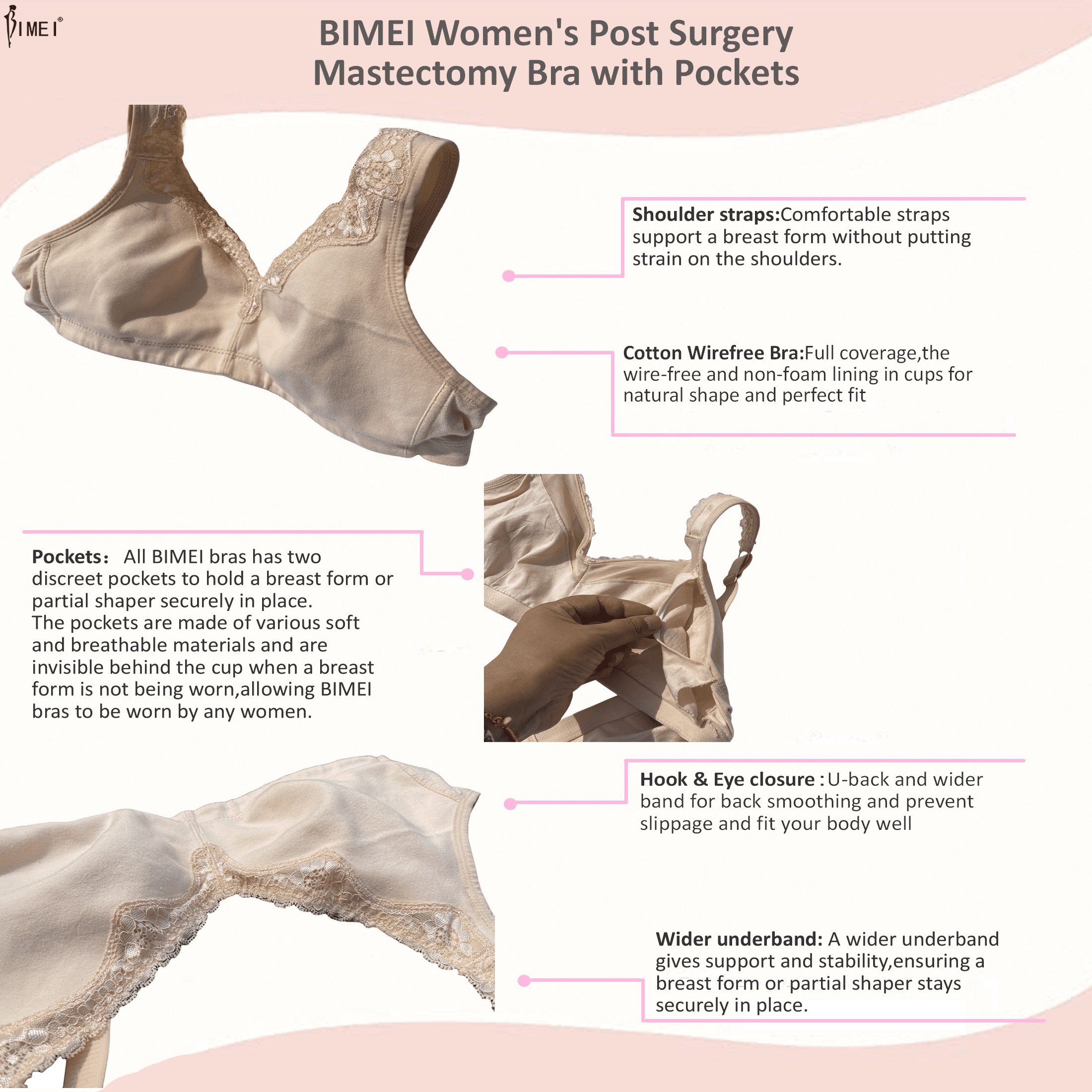 BIMEI Women's Mastectomy Bra Lace Plus Size Full Coverage Non Padded Comfort Cotton Wirefree Bra with Pocket,Beige,46B