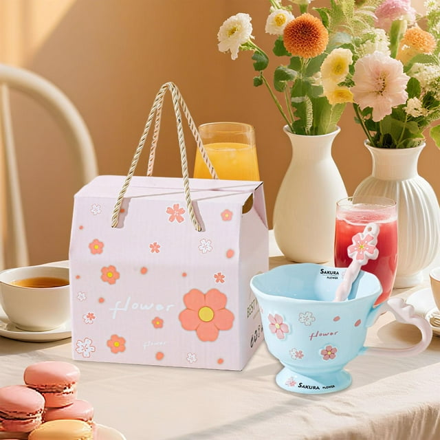 Taza de café de cerámica, taza de té con forma de flor, de de 380 ml con cuchara, de café única, regalo de cumpleaños de Valentín para Azul