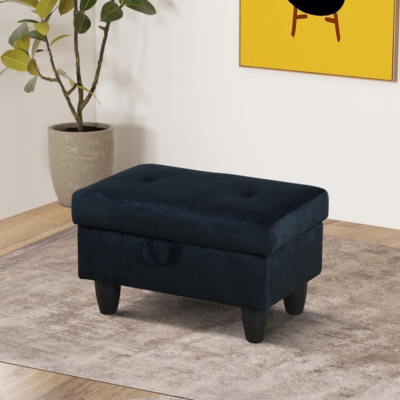Midnight Blue Flannel Storage Ottoman for Living Room Sofa