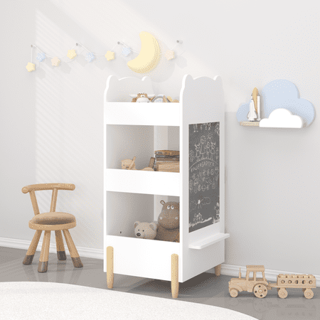 Kids Furniture Kids Bookshelf with Chalkboard Side – Bear-Shaped Wooden Bookcase with 3-Tier Storage Drawing Board for Toddlers Toy and Book Organizer for Playroom or Bedroom – White Baby Nursery