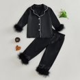 thumbnail image 3 of Otqutp 2-14 Years Satin Pajamas Set with Feather Trim Cute Long Sleeve Button Loungewear Sleepwear Solid Christmas Nightgown Shirt Trousers Set(A-Black,12-13 Years), 3 of 6