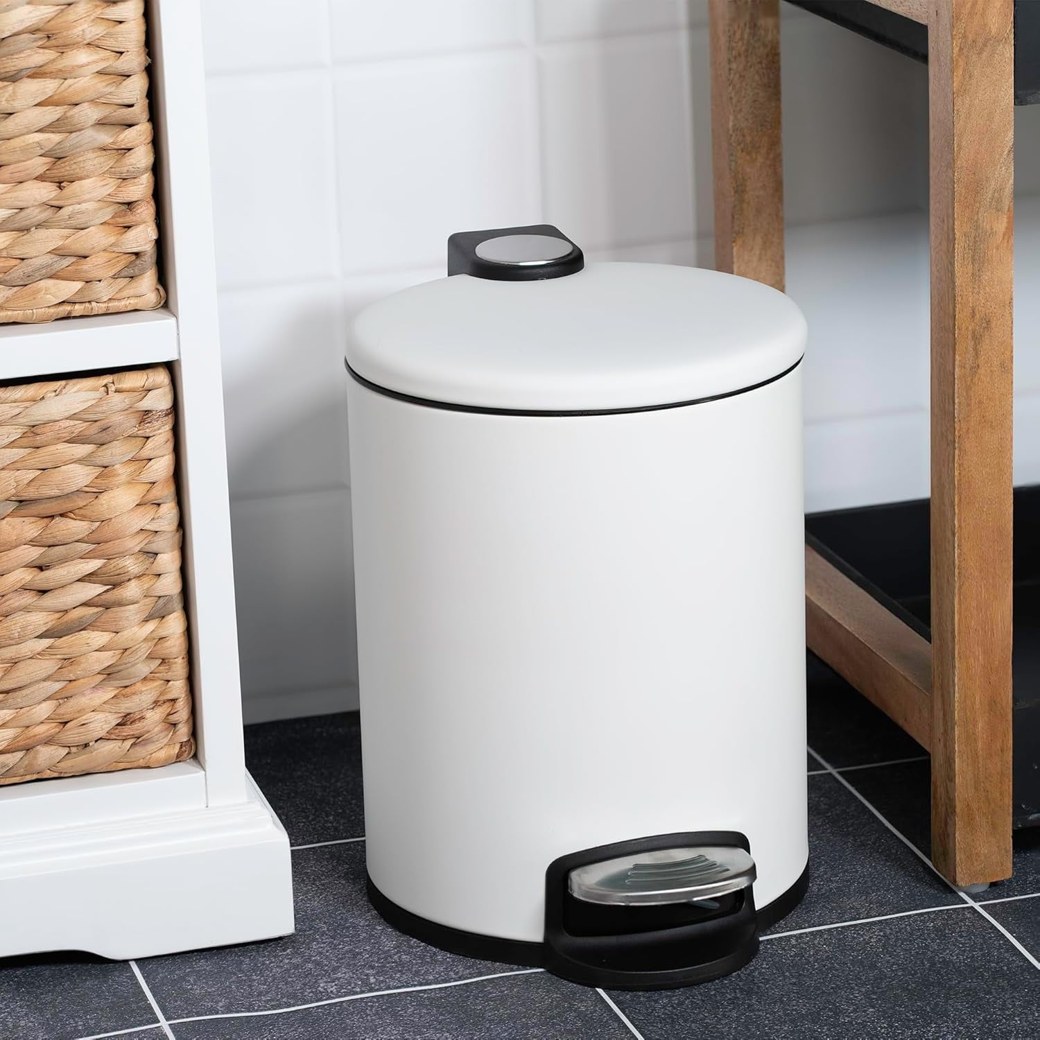 Acento Rondo 1.3 Gallon Round Step Trash Can with Soft-Close Lid, Removable Inner Liner Bucket, Premium Pedal Metal Waste Bin for Bathroom, Bedroom, Dorm, Office, Matte White