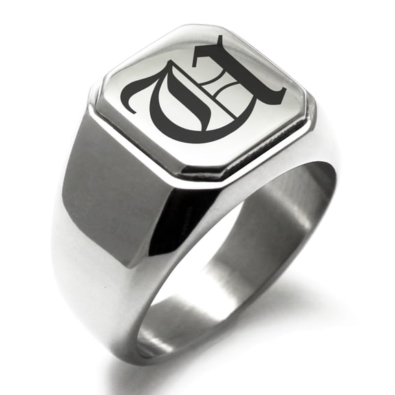 Stainless Steel Letter U Initial Old English Monogram Engraved Engraved Square Flat Top Biker Style Polished Signet Ring