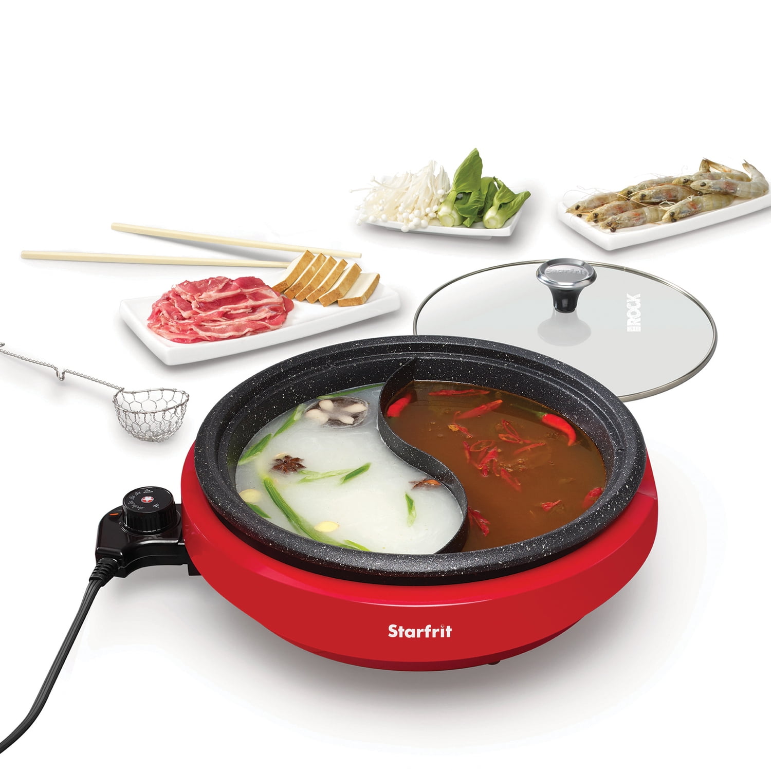 THE ROCK by Starfrit 3.2-Qt. Dual-Sided Electric Hot Pot with Glass Lid, Red, 024425-002-0000