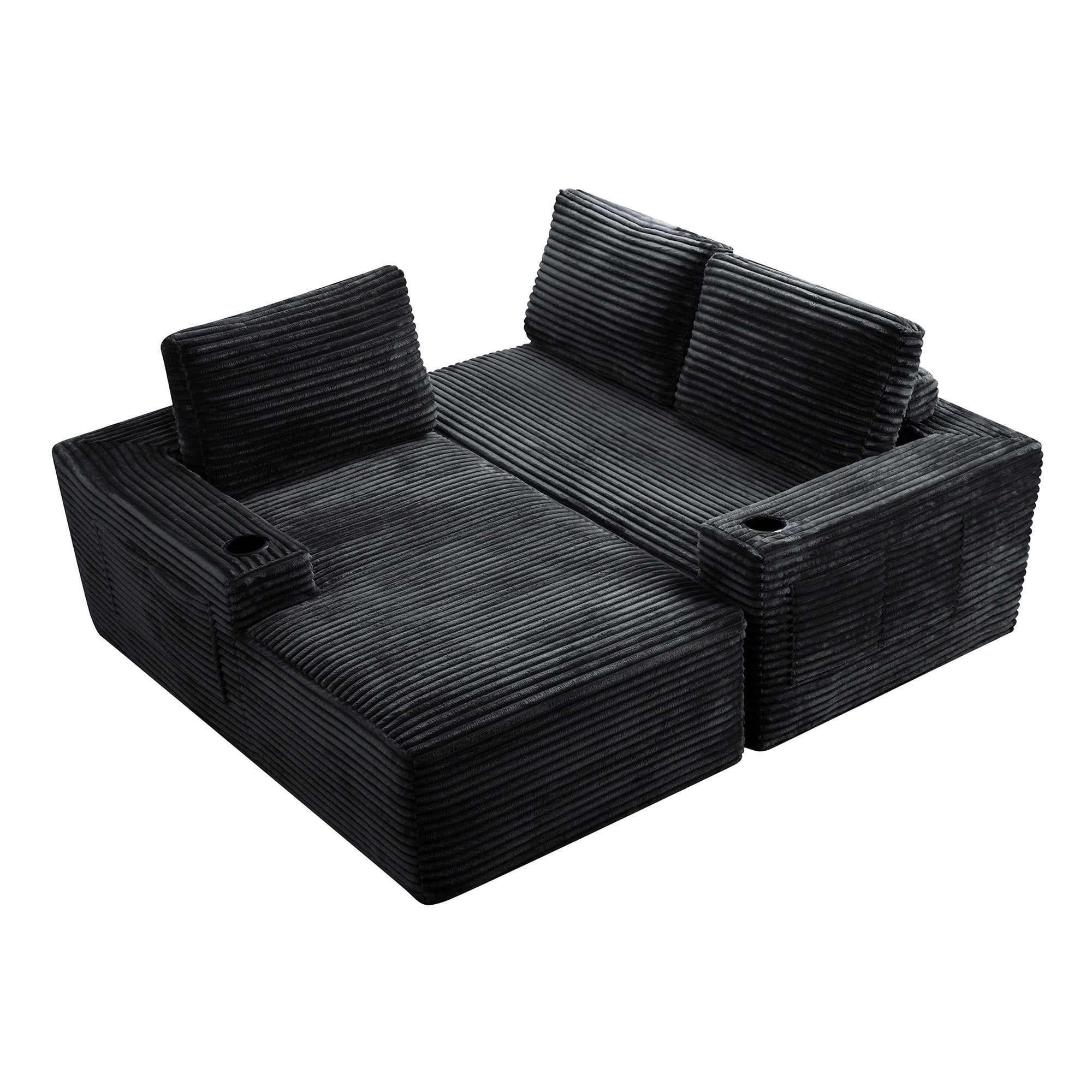 104" Modular Sectional Sofa, L-Shaped Couch with Convertible Chaise, Corduroy Deep Seat Comfy Sectional with Storage Pockets & Cup Holders, No Assembly Couch for Living Room, Black