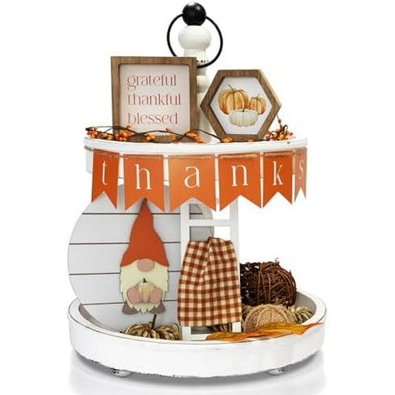 Beautiful Tiered Tray Decor Set for Fall - Interchangeable All Season Decorations Bundle Incl. Christmas Spring & More - Modern Farmhouse Centerpiece for Home & Kitchen Decor