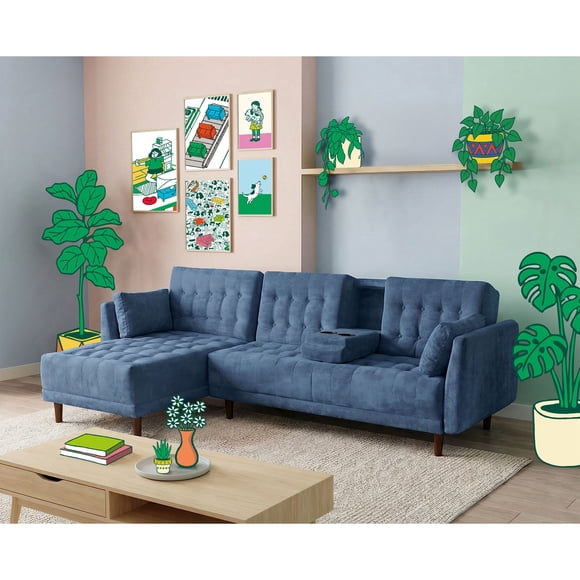 Sala Modular Sofá Cama Reversible Makora Azul Velvet