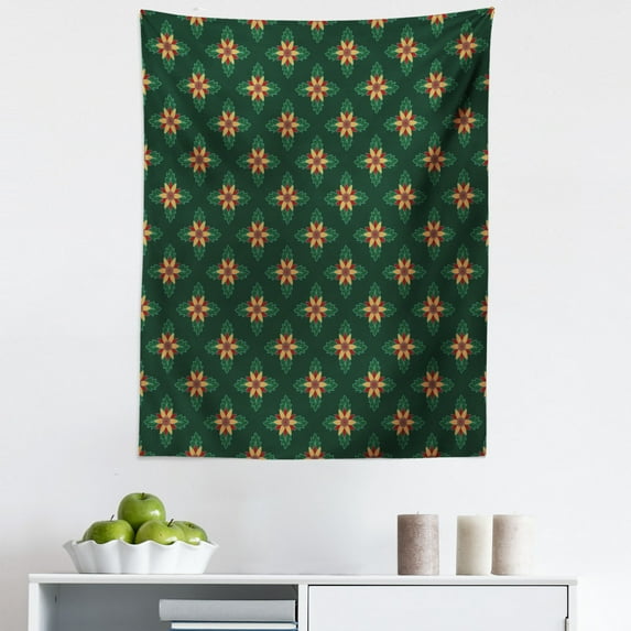 Garden Art Tapestry, Ornamental Flowers with Dark Background Plant Arrangement, Fabric Wall Hanging Decor for Bedroom Living Room Dorm, 5 Sizes, Apricot Ruby Dark Green, by Ambesonne