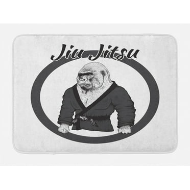 Jiu Jitsu Bath Mat, Wrestler Athlete Gorilla Dressed in Kimono Hand Drawn Style, Plush Bathroom Decor Mat with Non Slip Backing, 29.5" X 17.5", Charcoal Grey White, by Ambesonne