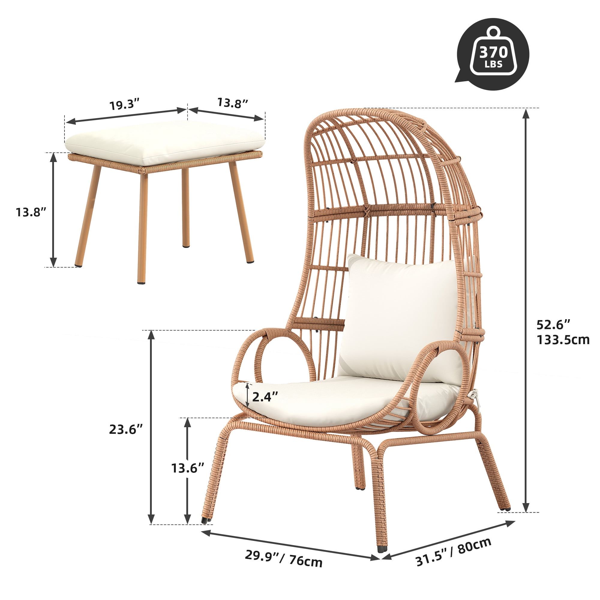 Uforic Patio Wicker Egg Chair with Ottoman, Outdoor Basket Lounge Chair with Footrest & Cushion - Beige