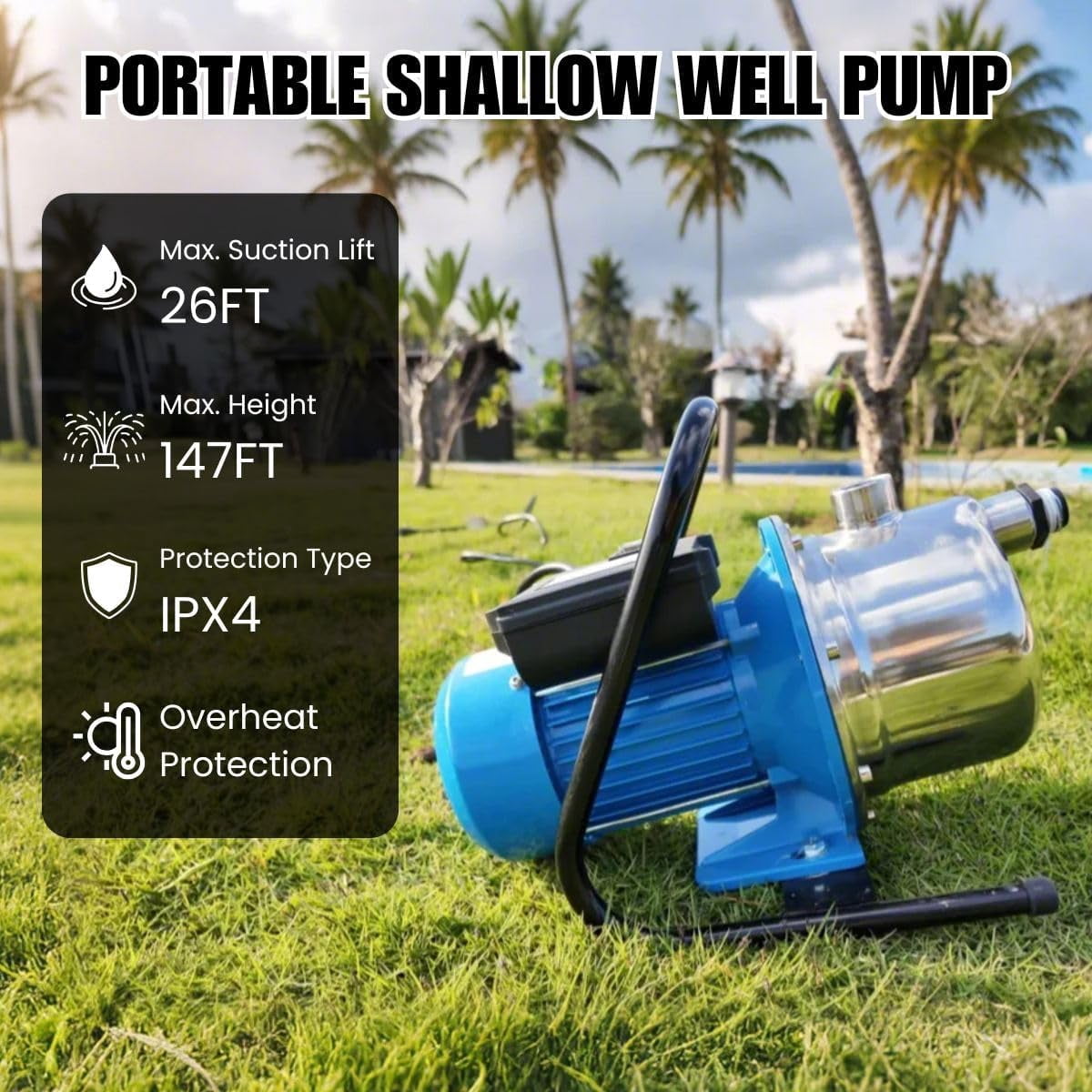 FOTING 1.6HP Shallow Well Pump, 1600GPH 115V Portable Garden Pump, Jet Pumps 147FT, Stainless Steel Water Transfer Household Draining Irrigation Pumps for Garden Lawn Farm