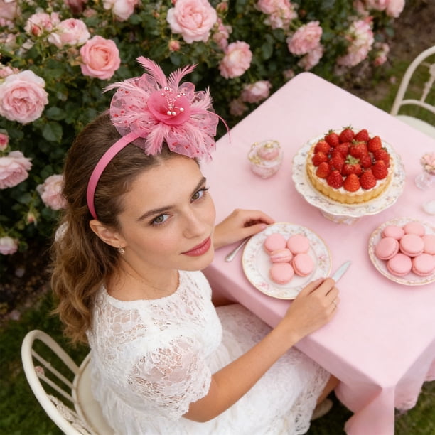 Joyas y relojes, accesorios, joyería, diadema, sombrero con flores, cintas de malla, plumas y pinza para la cabeza. Tocados para fiestas de té para niñas y mujeres, diadema de nailon.