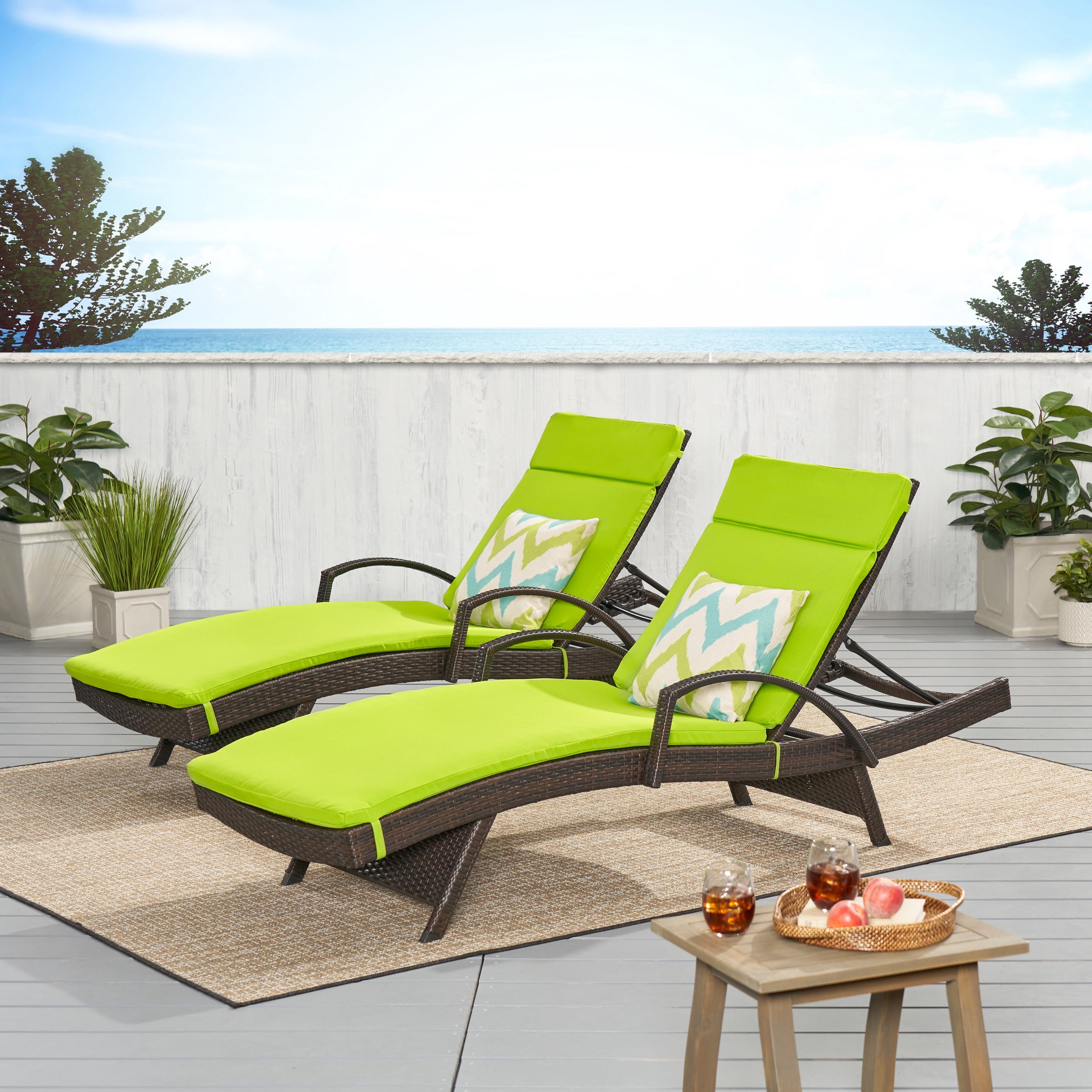 Anthony Outdoor Wicker Adjustable Chaise Lounge with Arms and Cushion, Set of 2, Multibrown, Grean